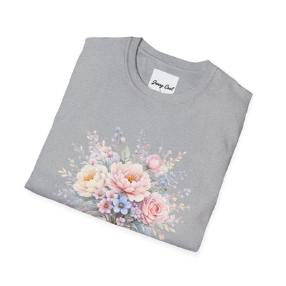 Watercolor Peony & Lavender Lightweight Cotton T-Shirt – Soft Breathable Crew Neck Tee - JennyCool