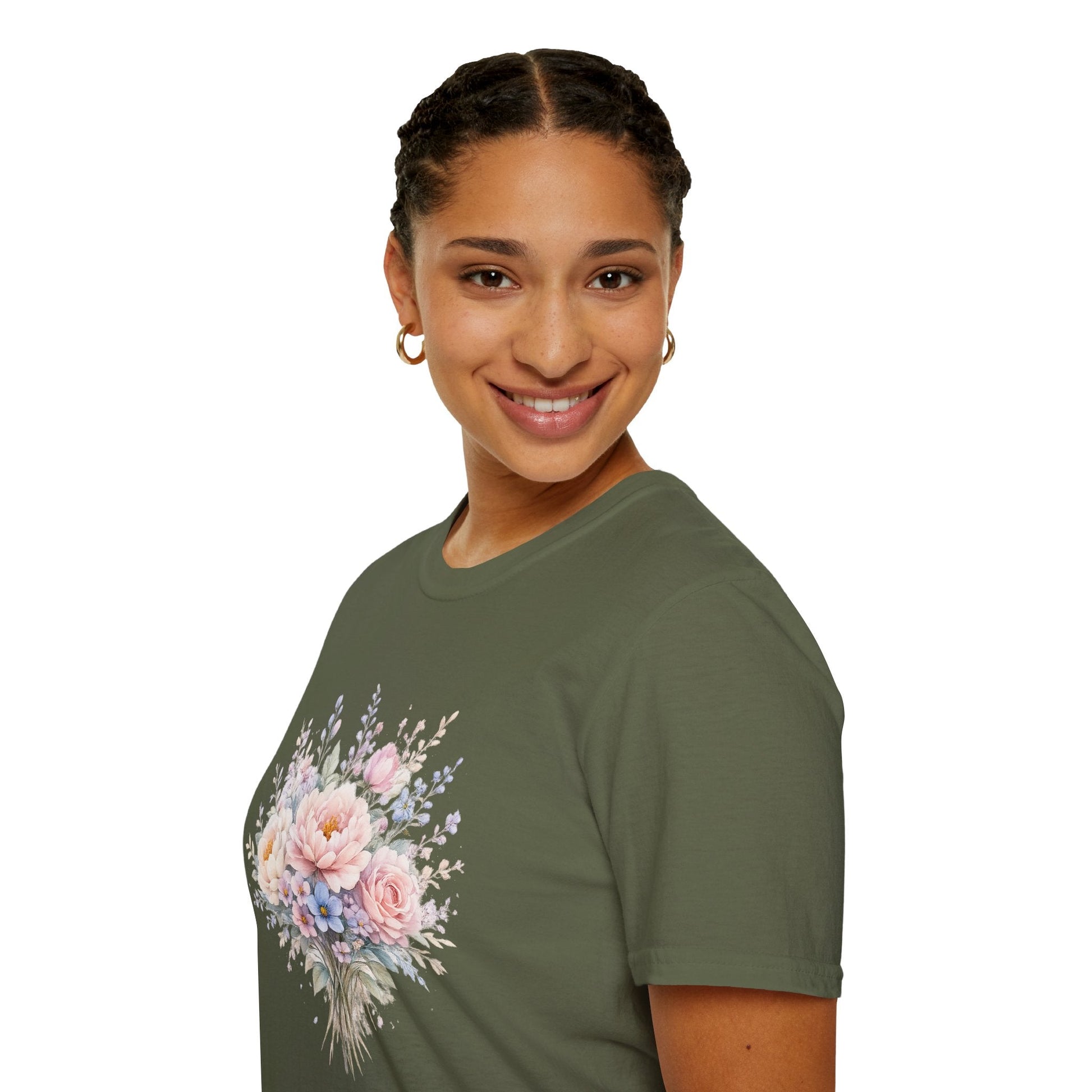 Watercolor Peony & Lavender Lightweight Cotton T-Shirt – Soft Breathable Crew Neck Tee - JennyCool