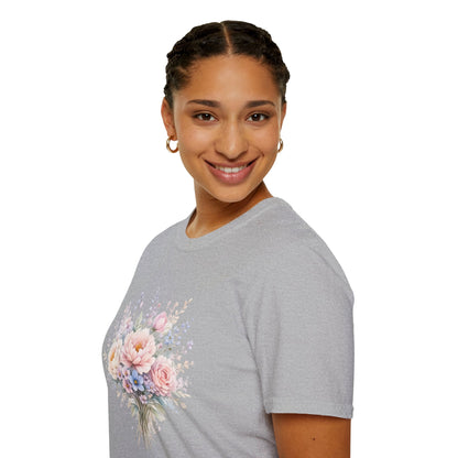 Watercolor Peony & Lavender Lightweight Cotton T-Shirt – Soft Breathable Crew Neck Tee - JennyCool