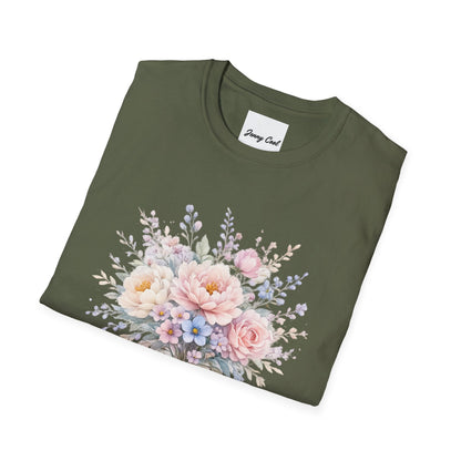 Watercolor Peony & Lavender Lightweight Cotton T-Shirt – Soft Breathable Crew Neck Tee - JennyCool