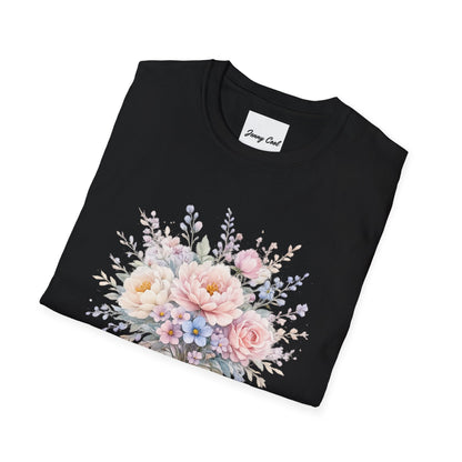 Watercolor Peony & Lavender Lightweight Cotton T-Shirt – Soft Breathable Crew Neck Tee - JennyCool