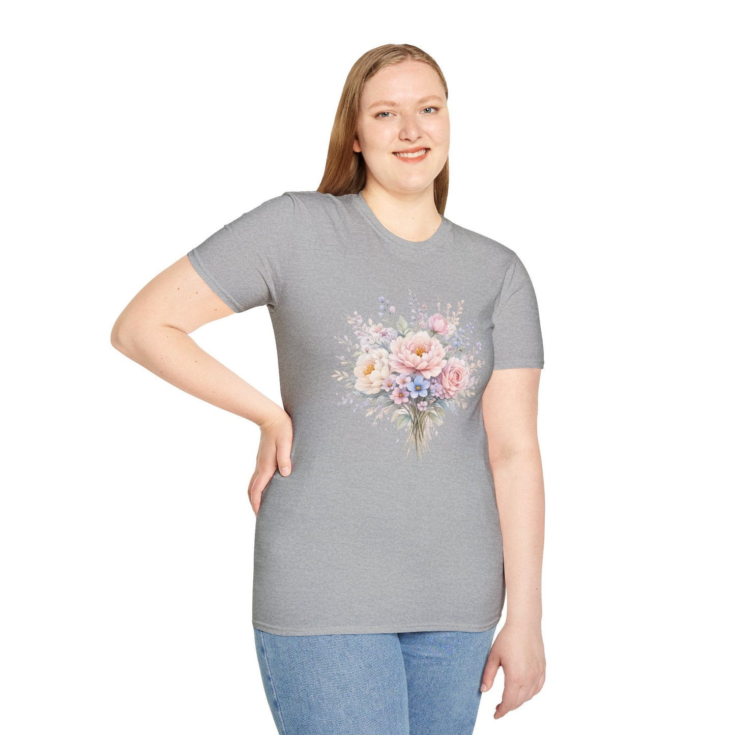Watercolor Peony & Lavender Lightweight Cotton T-Shirt – Soft Breathable Crew Neck Tee - JennyCool