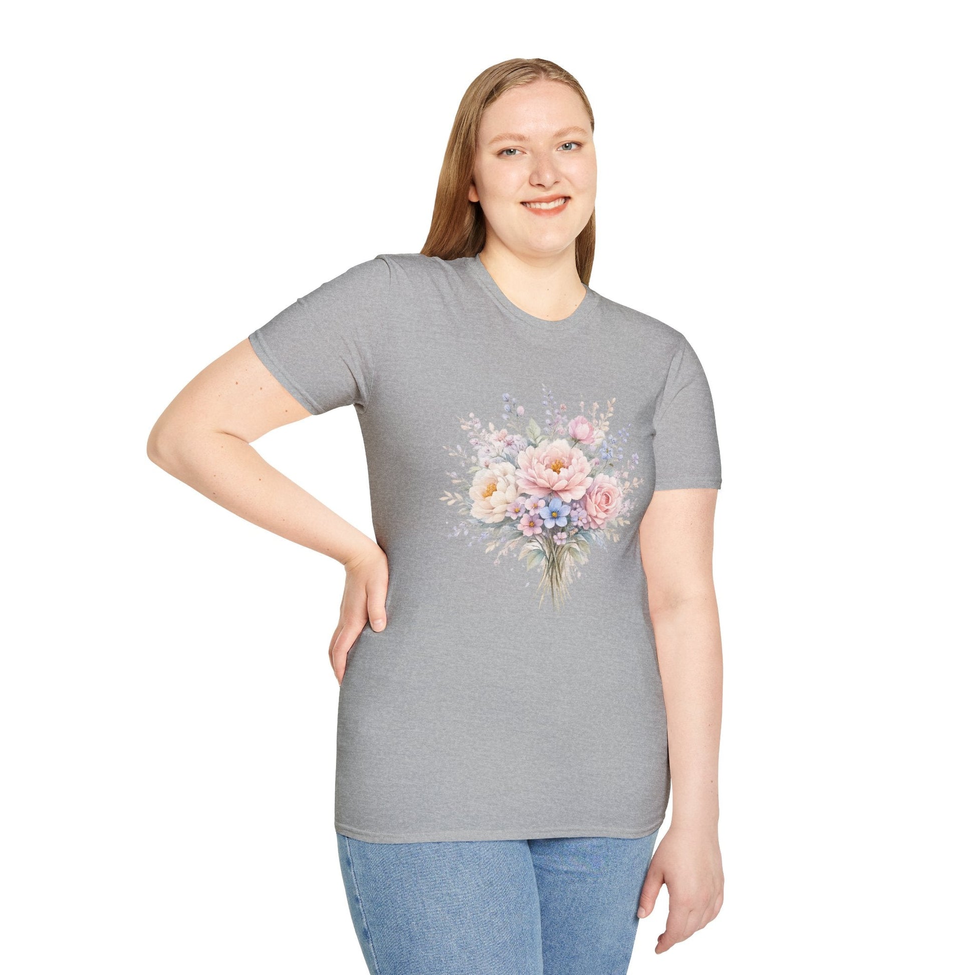 Watercolor Peony & Lavender Lightweight Cotton T-Shirt – Soft Breathable Crew Neck Tee - JennyCool