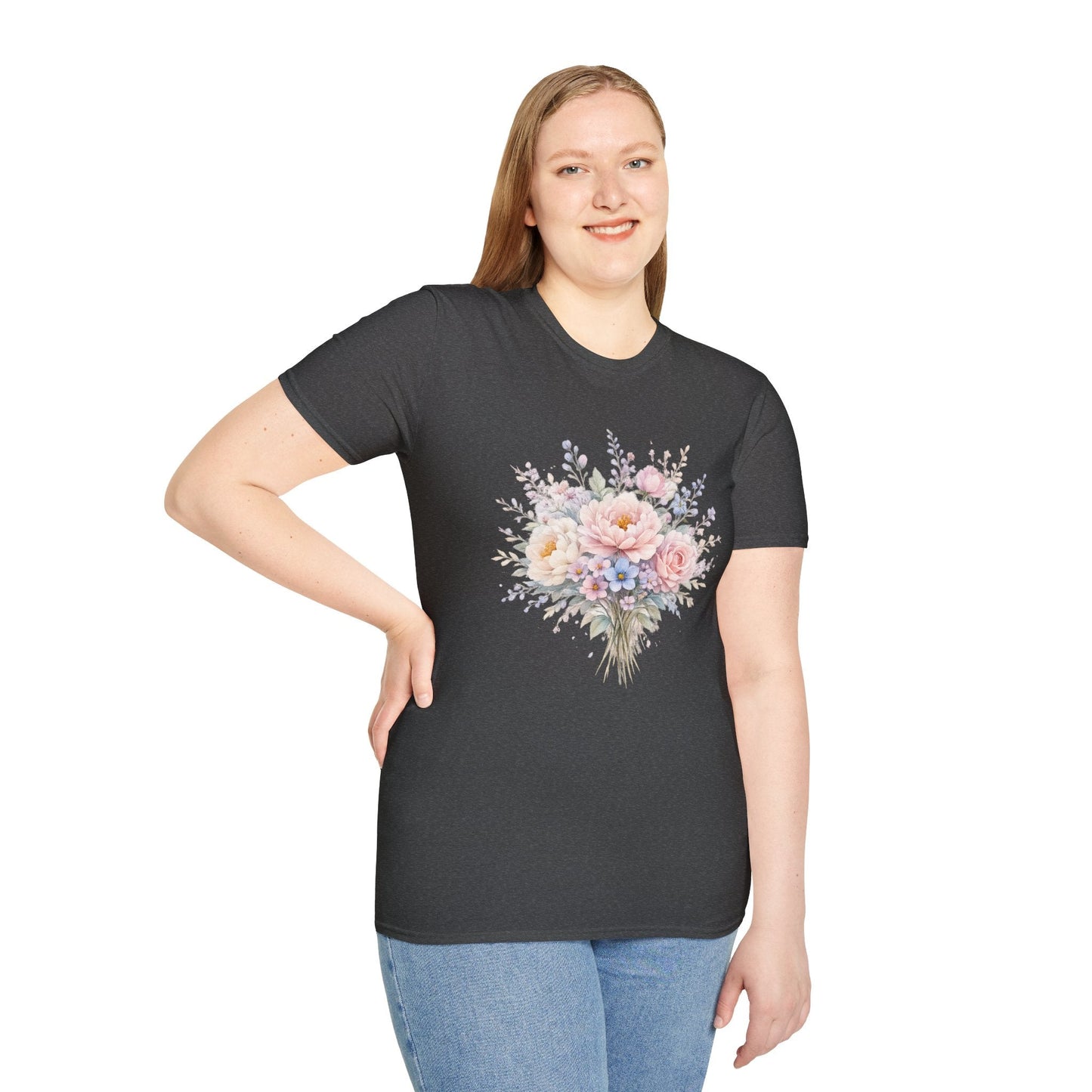 Watercolor Peony & Lavender Lightweight Cotton T-Shirt – Soft Breathable Crew Neck Tee - JennyCool