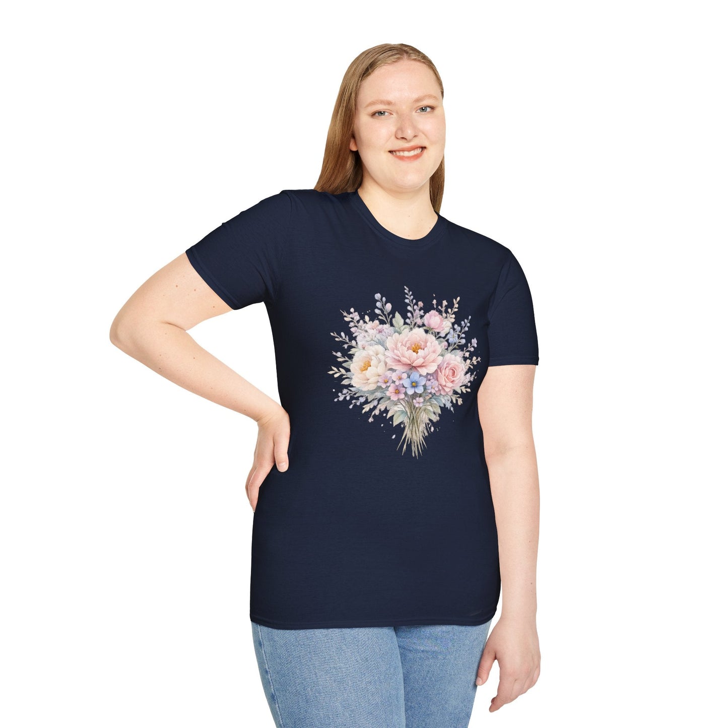 Watercolor Peony & Lavender Lightweight Cotton T-Shirt – Soft Breathable Crew Neck Tee - JennyCool