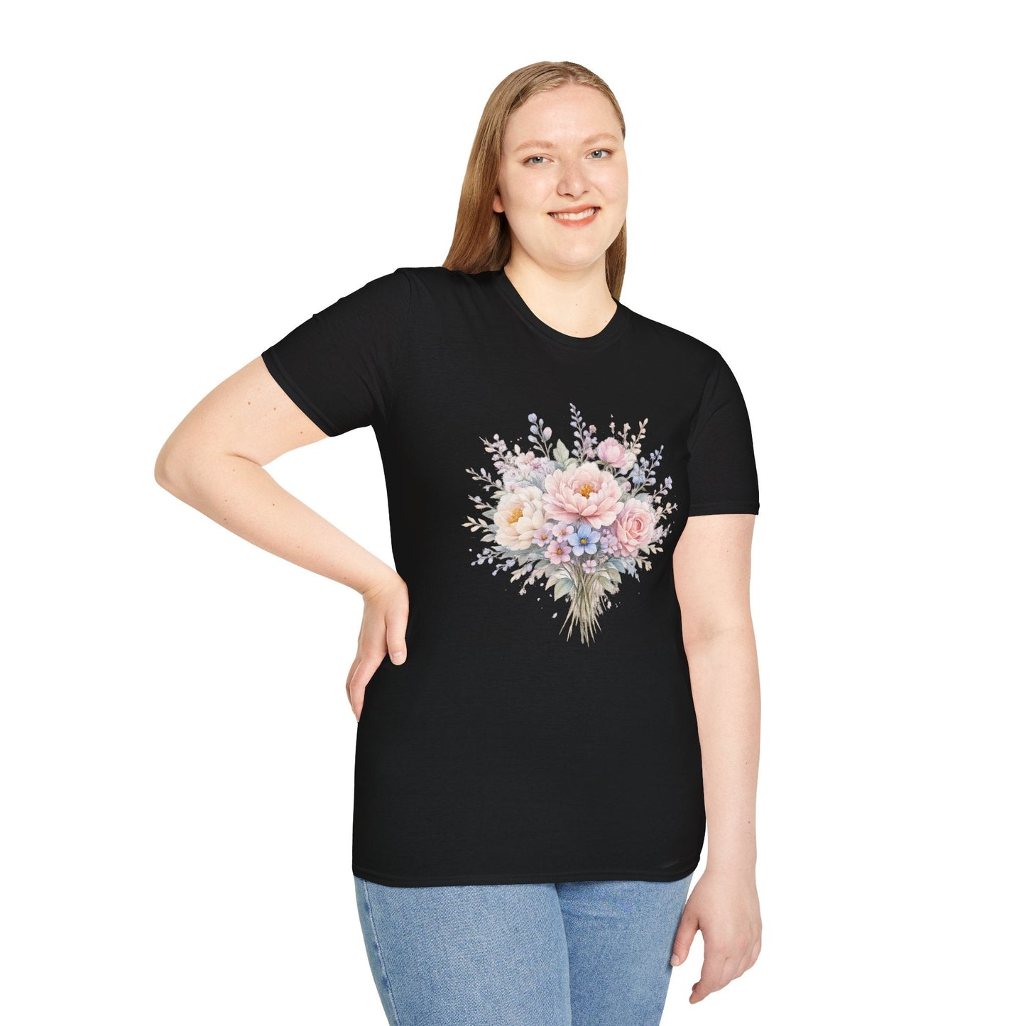Watercolor Peony & Lavender Lightweight Cotton T-Shirt – Soft Breathable Crew Neck Tee - JennyCool