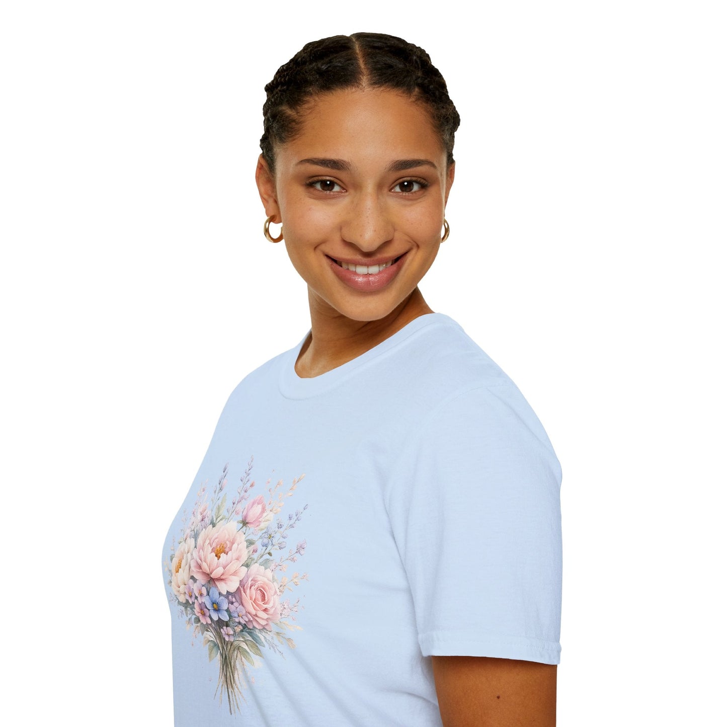 Watercolor Peony & Lavender Lightweight Cotton T-Shirt – Soft Breathable Crew Neck Tee - JennyCool