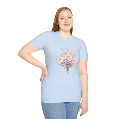 Watercolor Peony & Lavender Lightweight Cotton T-Shirt – Soft Breathable Crew Neck Tee - JennyCool