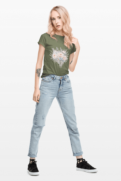 Watercolor Peony & Lavender Lightweight Cotton T-Shirt – Soft Breathable Crew Neck Tee - JennyCool
