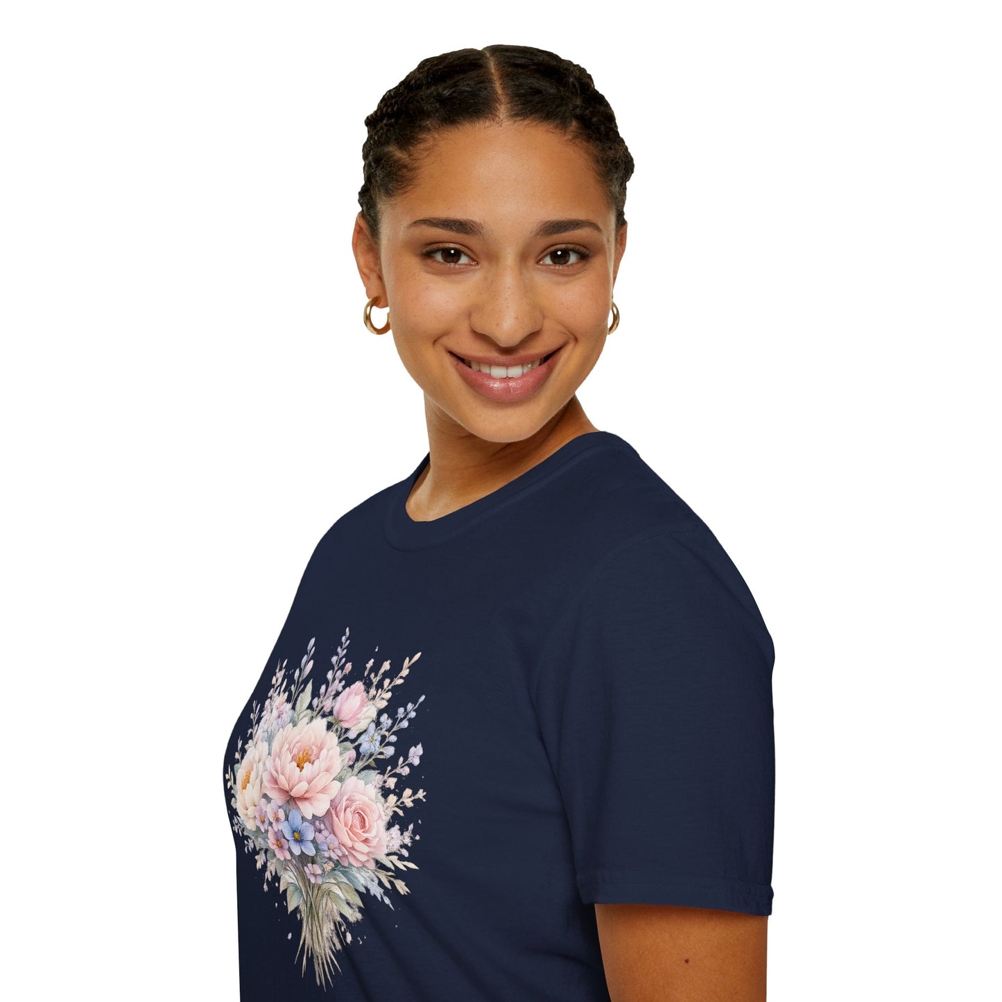 Watercolor Peony & Lavender Lightweight Cotton T-Shirt – Soft Breathable Crew Neck Tee - JennyCool