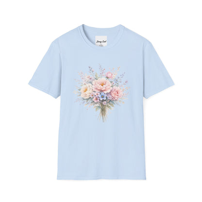 Watercolor Peony & Lavender Lightweight Cotton T-Shirt – Soft Breathable Crew Neck Tee - JennyCool