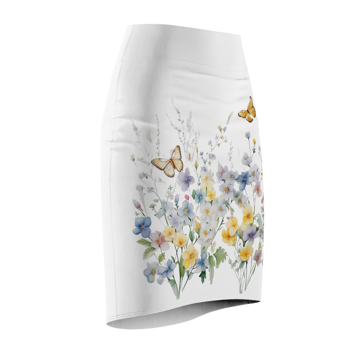 White Women's Pencil Skirt (AOP) with Spring Flowers and Butterfly - JennyCool