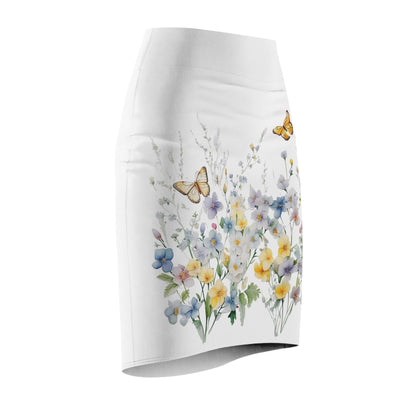 White Women's Pencil Skirt (AOP) with Spring Flowers and Butterfly - JennyCool