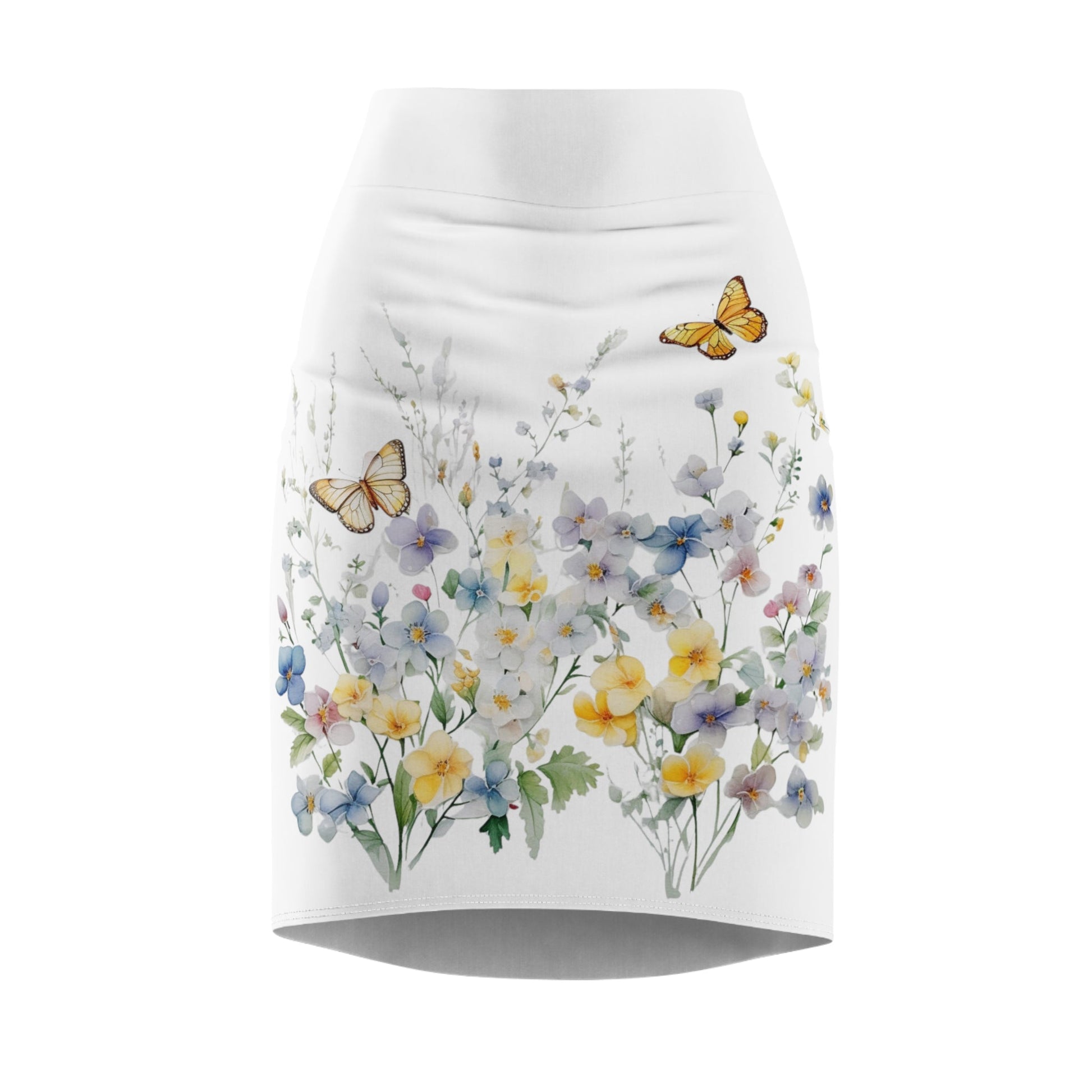 White Women's Pencil Skirt (AOP) with Spring Flowers and Butterfly - JennyCool