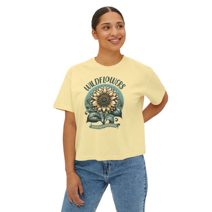 Wildflowers Sunflower Crop Tee – Vintage Boho Sunflower Shirt for Women, Cropped Boxy T-Shirt, Boho Aesthetic Graphic Tee - JennyCool