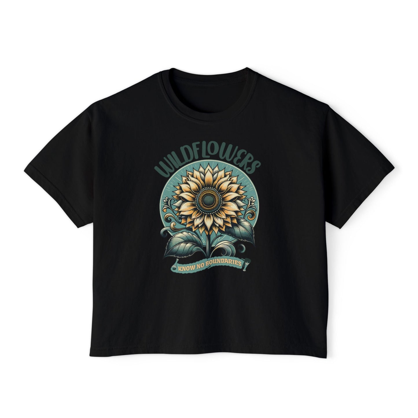 Wildflowers Sunflower Crop Tee – Vintage Boho Sunflower Shirt for Women, Cropped Boxy T-Shirt, Boho Aesthetic Graphic Tee - JennyCool