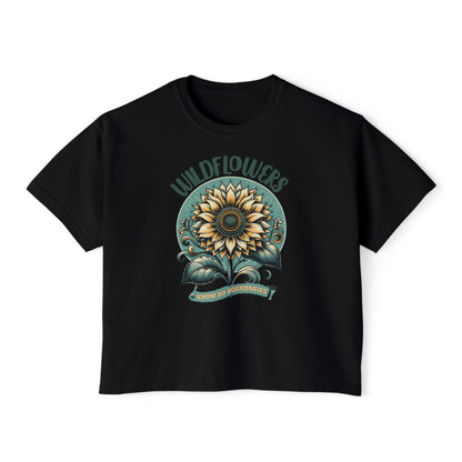 Wildflowers Sunflower Crop Tee – Vintage Boho Sunflower Shirt for Women, Cropped Boxy T-Shirt, Boho Aesthetic Graphic Tee - JennyCool