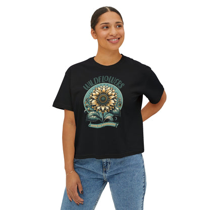 Wildflowers Sunflower Crop Tee – Vintage Boho Sunflower Shirt for Women, Cropped Boxy T-Shirt, Boho Aesthetic Graphic Tee - JennyCool