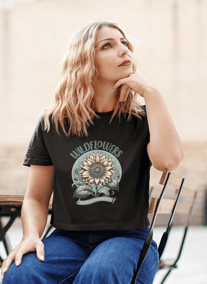 Wildflowers Sunflower Crop Tee – Vintage Boho Sunflower Shirt for Women, Cropped Boxy T-Shirt, Boho Aesthetic Graphic Tee - JennyCool