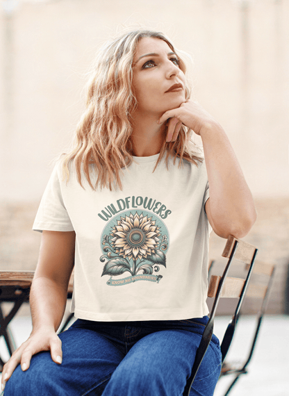 Wildflowers Sunflower Crop Tee – Vintage Boho Sunflower Shirt for Women, Cropped Boxy T-Shirt, Boho Aesthetic Graphic Tee - JennyCool