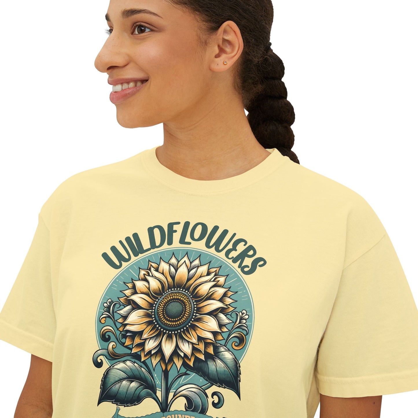 Wildflowers Sunflower Crop Tee – Vintage Boho Sunflower Shirt for Women, Cropped Boxy T-Shirt, Boho Aesthetic Graphic Tee - JennyCool