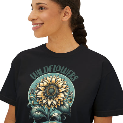 Wildflowers Sunflower Crop Tee – Vintage Boho Sunflower Shirt for Women, Cropped Boxy T-Shirt, Boho Aesthetic Graphic Tee - JennyCool