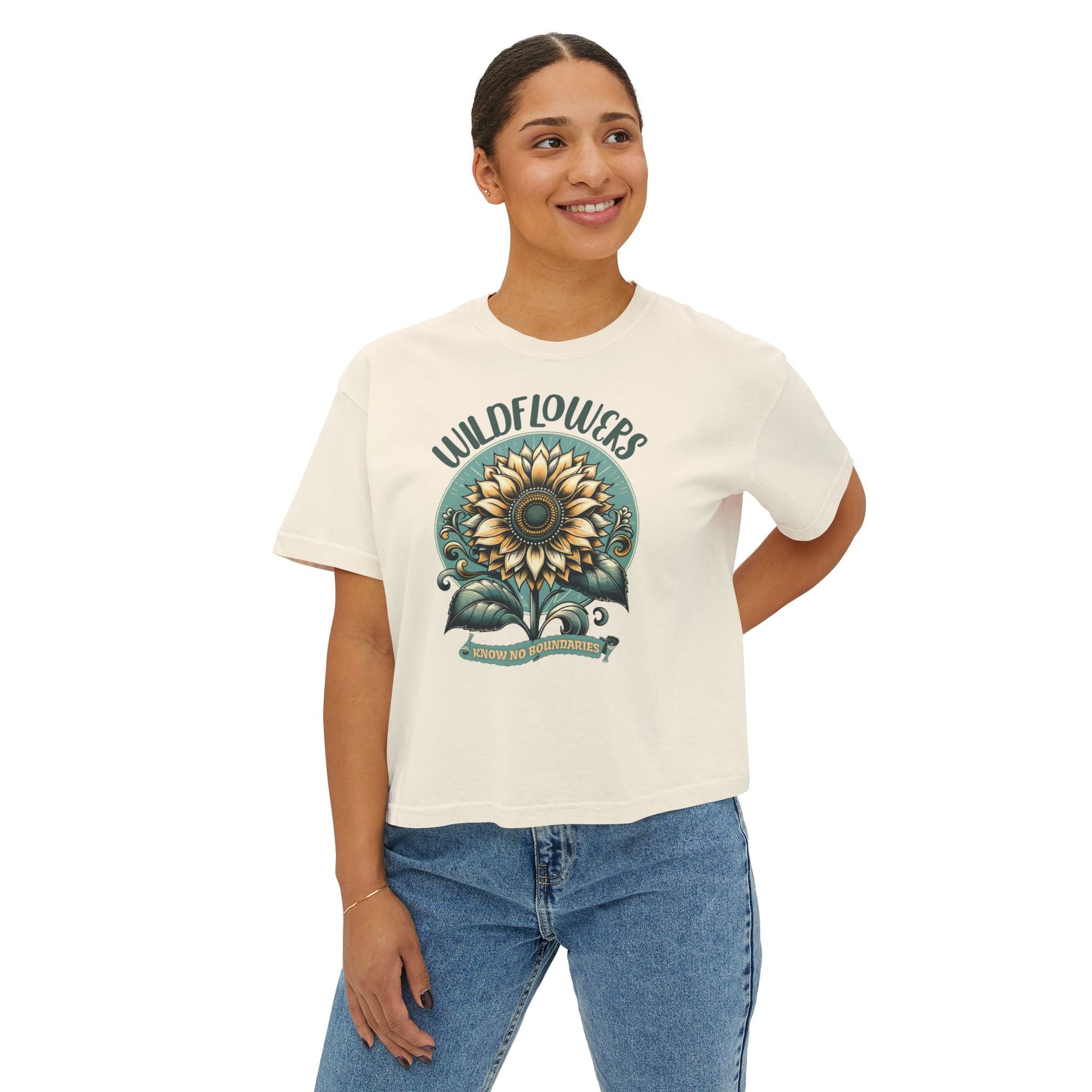 Wildflowers Sunflower Crop Tee – Vintage Boho Sunflower Shirt for Women, Cropped Boxy T-Shirt, Boho Aesthetic Graphic Tee - JennyCool