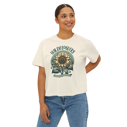 Wildflowers Sunflower Crop Tee – Vintage Boho Sunflower Shirt for Women, Cropped Boxy T-Shirt, Boho Aesthetic Graphic Tee - JennyCool