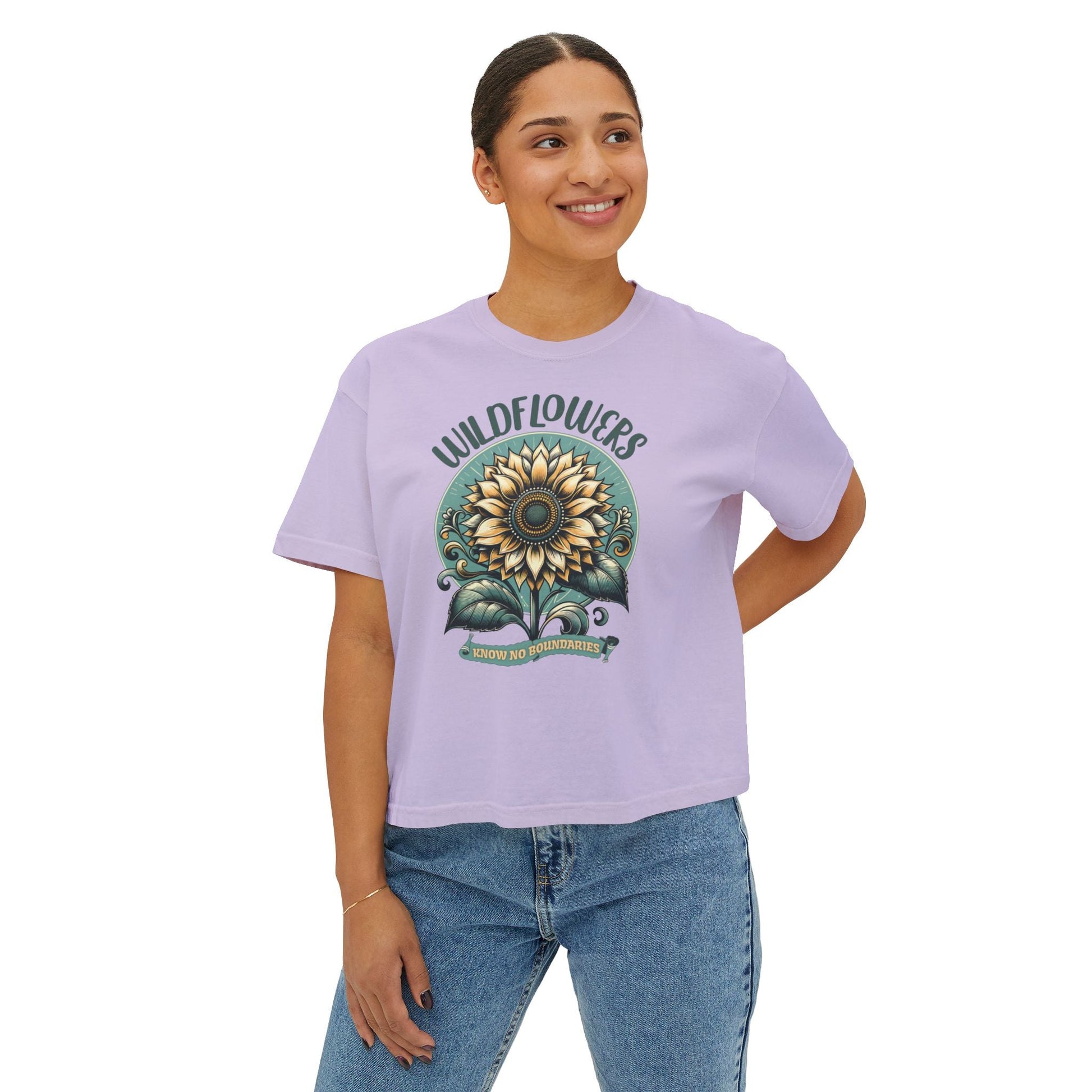 Wildflowers Sunflower Crop Tee – Vintage Boho Sunflower Shirt for Women, Cropped Boxy T-Shirt, Boho Aesthetic Graphic Tee - JennyCool