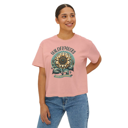 Wildflowers Sunflower Crop Tee – Vintage Boho Sunflower Shirt for Women, Cropped Boxy T-Shirt, Boho Aesthetic Graphic Tee - JennyCool