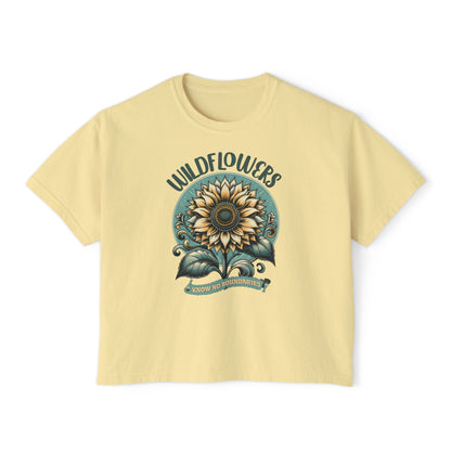 Wildflowers Sunflower Crop Tee – Vintage Boho Sunflower Shirt for Women, Cropped Boxy T-Shirt, Boho Aesthetic Graphic Tee - JennyCool