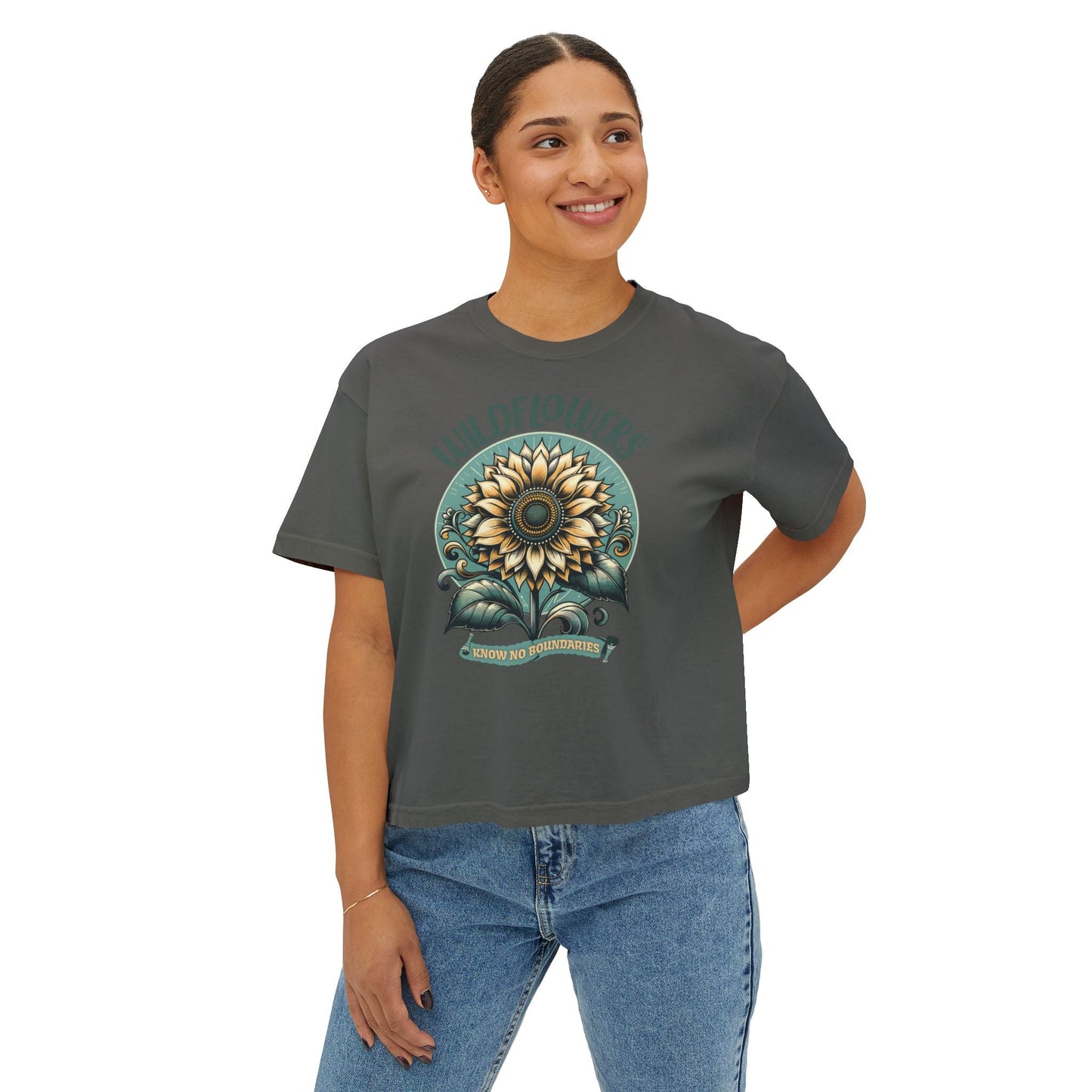 Wildflowers Sunflower Crop Tee – Vintage Boho Sunflower Shirt for Women, Cropped Boxy T-Shirt, Boho Aesthetic Graphic Tee - JennyCool