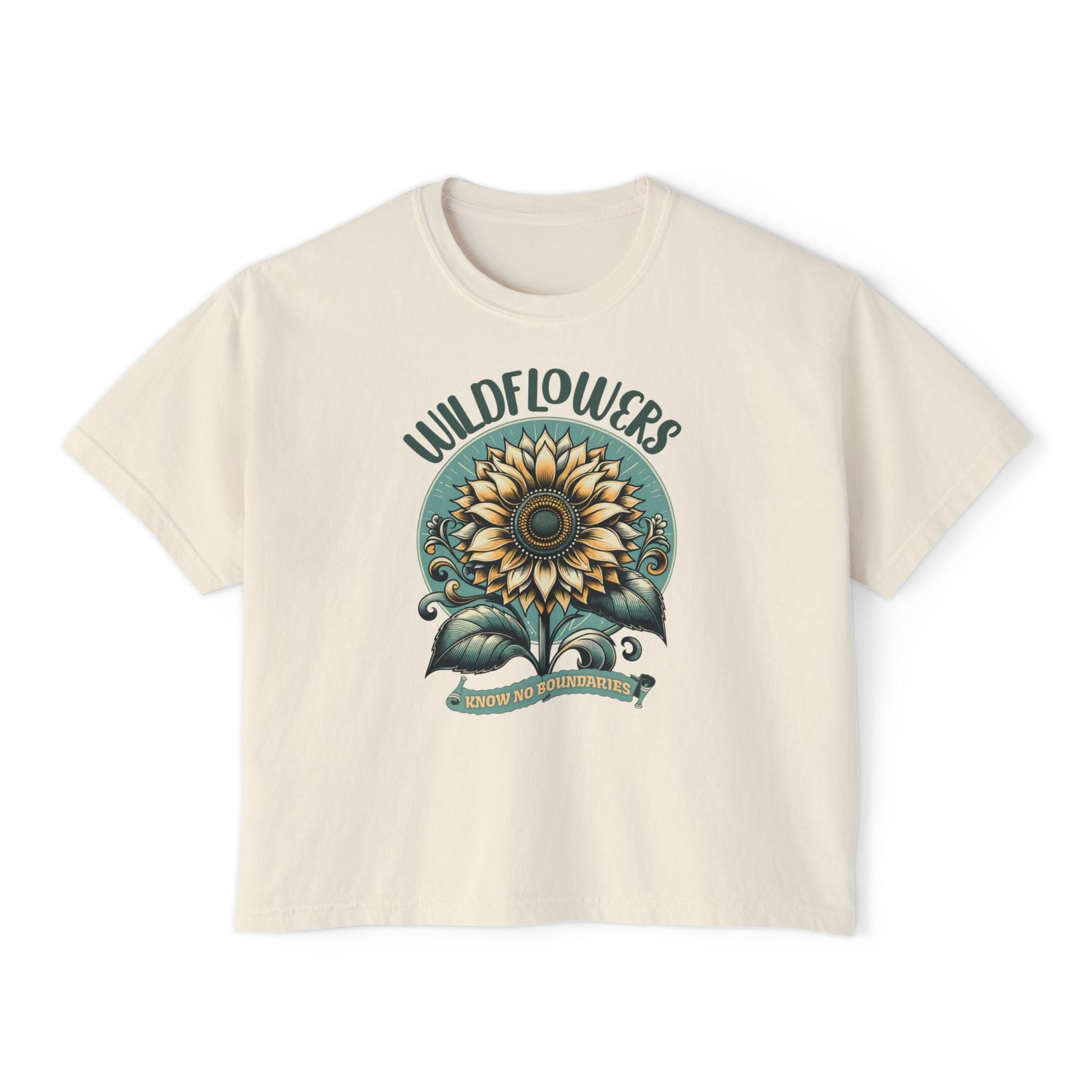 Wildflowers Sunflower Crop Tee – Vintage Boho Sunflower Shirt for Women, Cropped Boxy T-Shirt, Boho Aesthetic Graphic Tee - JennyCool