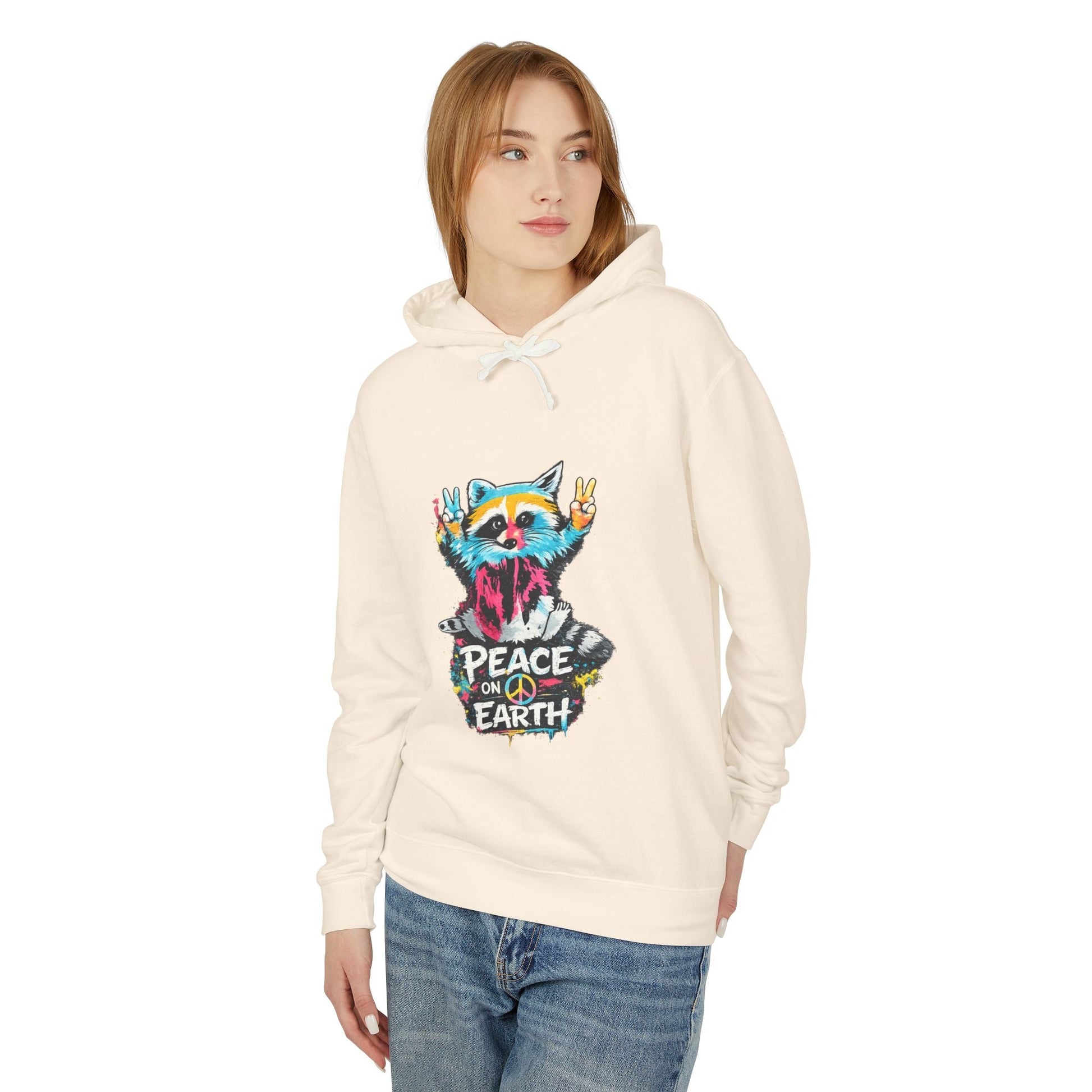 Women’s Peace on Earth Raccoon Hoodie – Colorful Graphic Lightweight Pullover - JennyCool