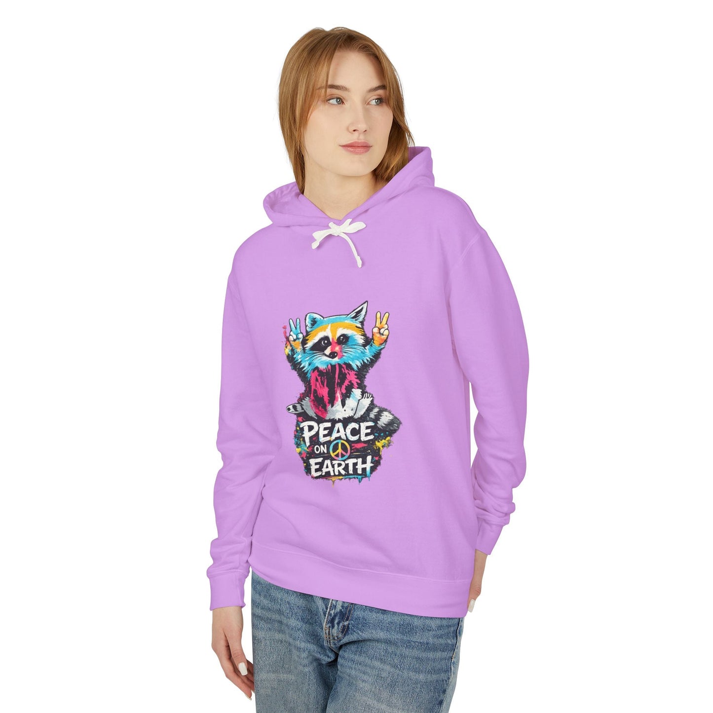 Women’s Peace on Earth Raccoon Hoodie – Colorful Graphic Lightweight Pullover - JennyCool