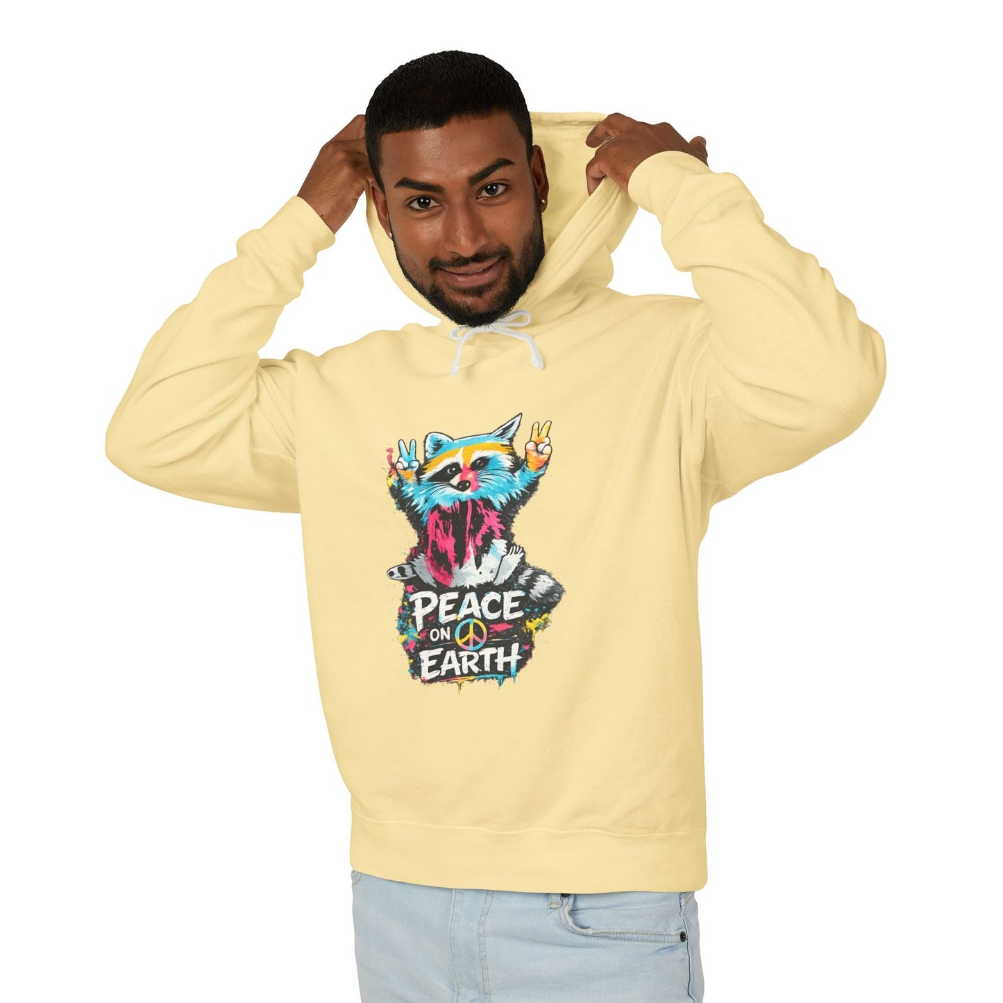 Women’s Peace on Earth Raccoon Hoodie – Colorful Graphic Lightweight Pullover - JennyCool