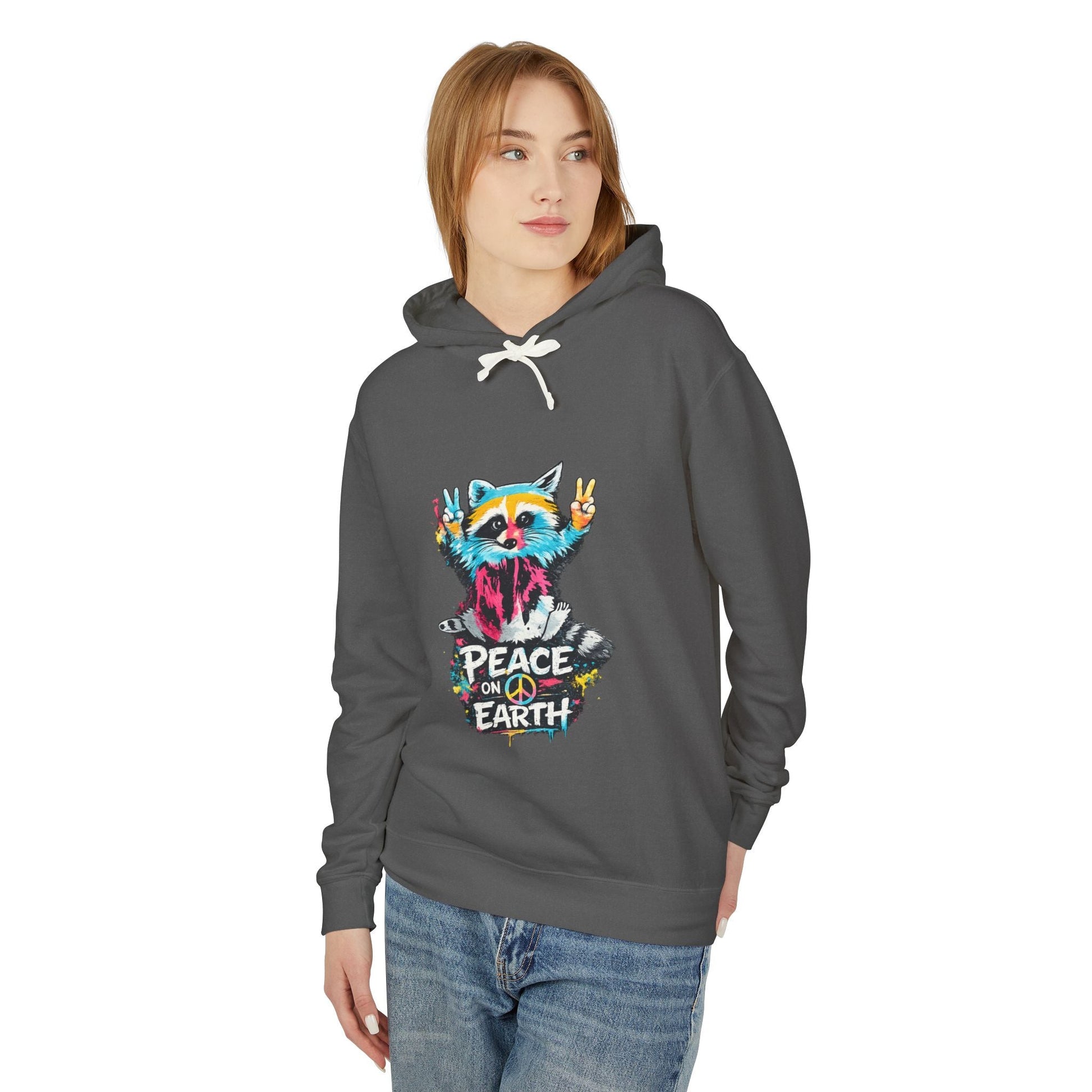 Women’s Peace on Earth Raccoon Hoodie – Colorful Graphic Lightweight Pullover - JennyCool