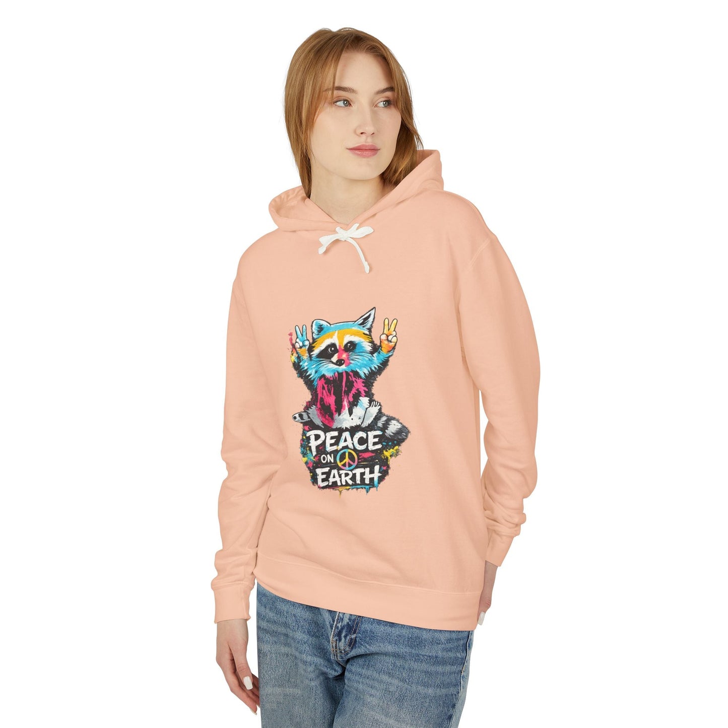 Women’s Peace on Earth Raccoon Hoodie – Colorful Graphic Lightweight Pullover - JennyCool