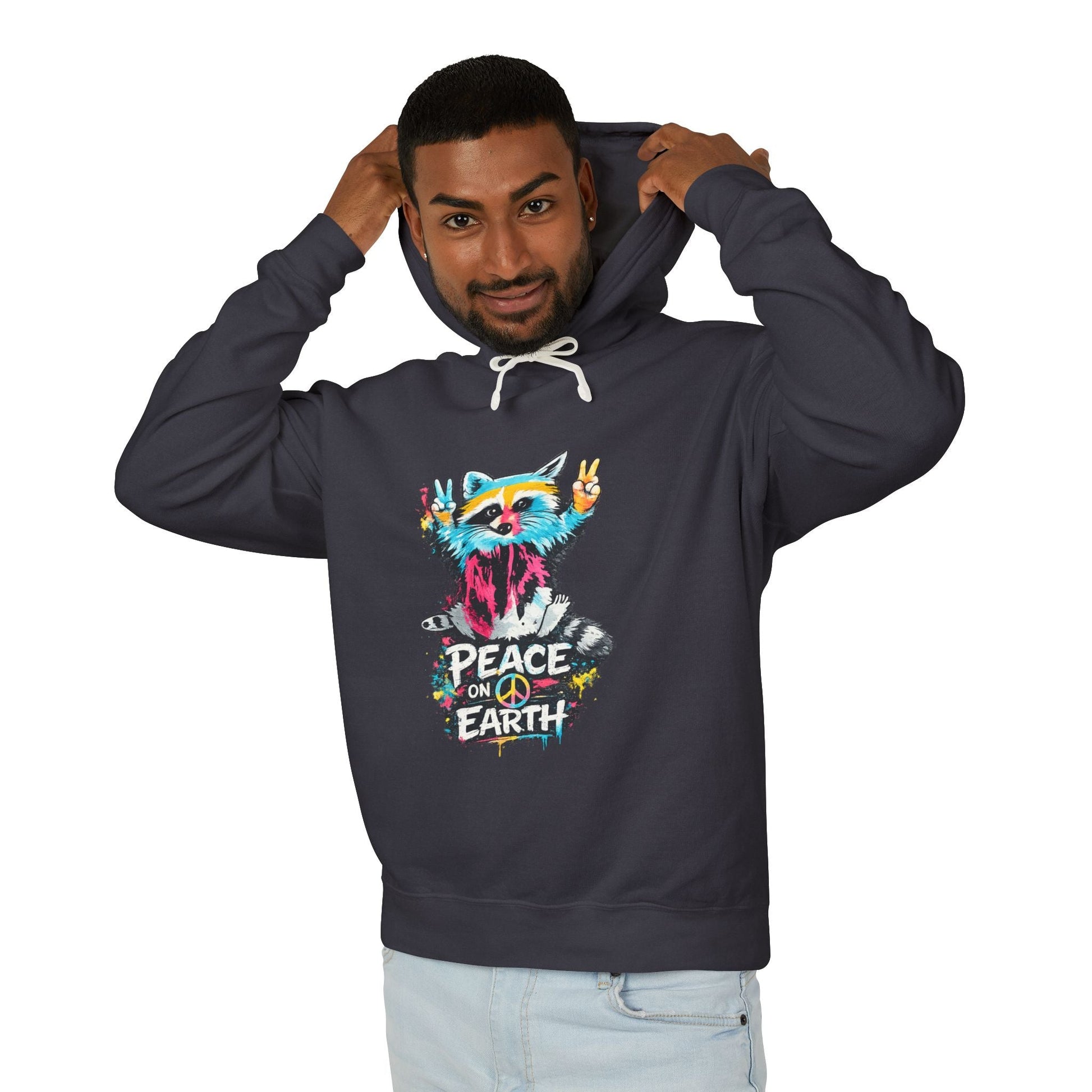 Women’s Peace on Earth Raccoon Hoodie – Colorful Graphic Lightweight Pullover - JennyCool