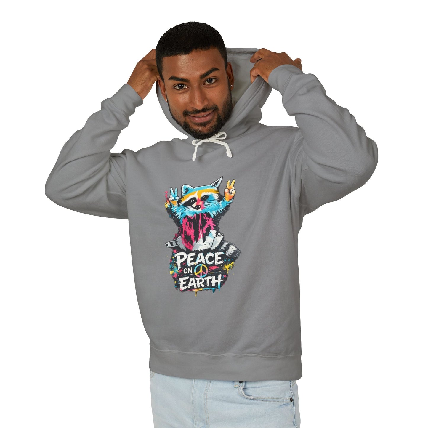 Women’s Peace on Earth Raccoon Hoodie – Colorful Graphic Lightweight Pullover - JennyCool