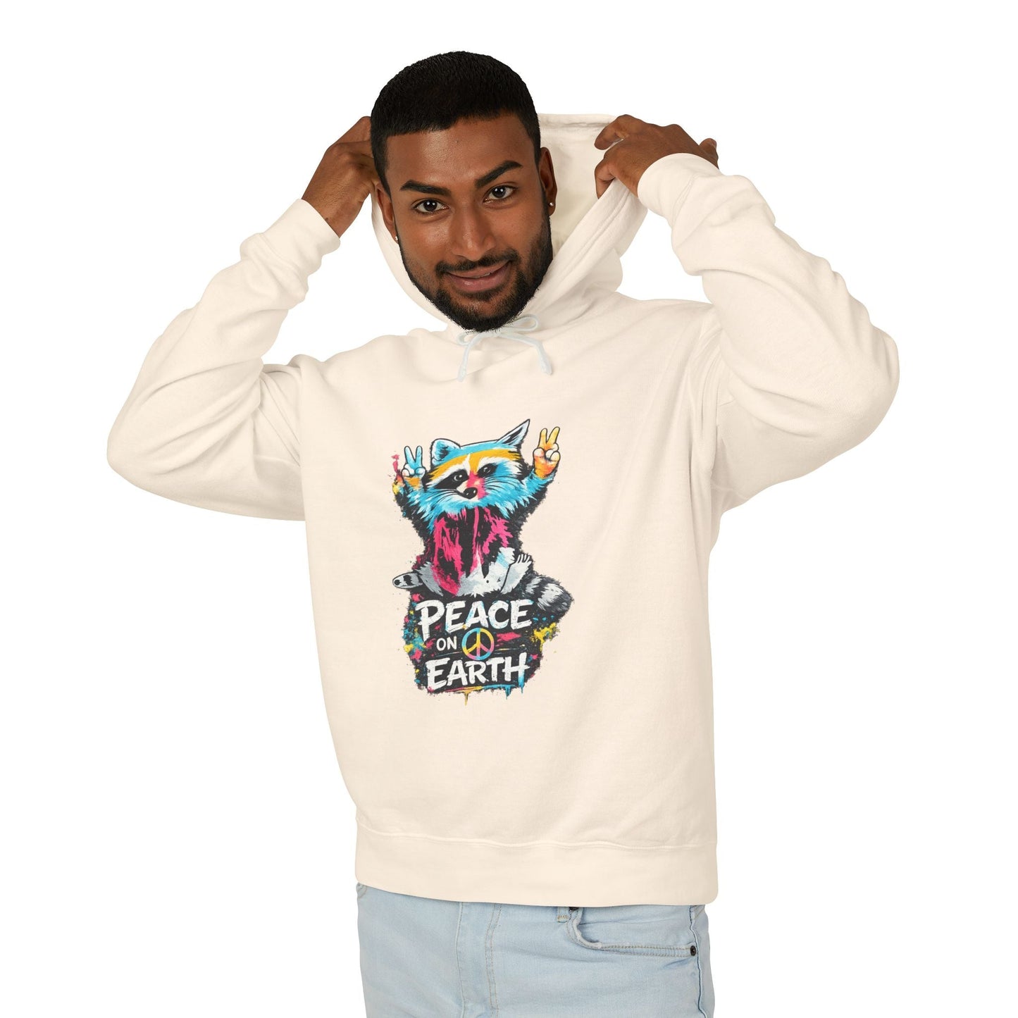 Women’s Peace on Earth Raccoon Hoodie – Colorful Graphic Lightweight Pullover - JennyCool