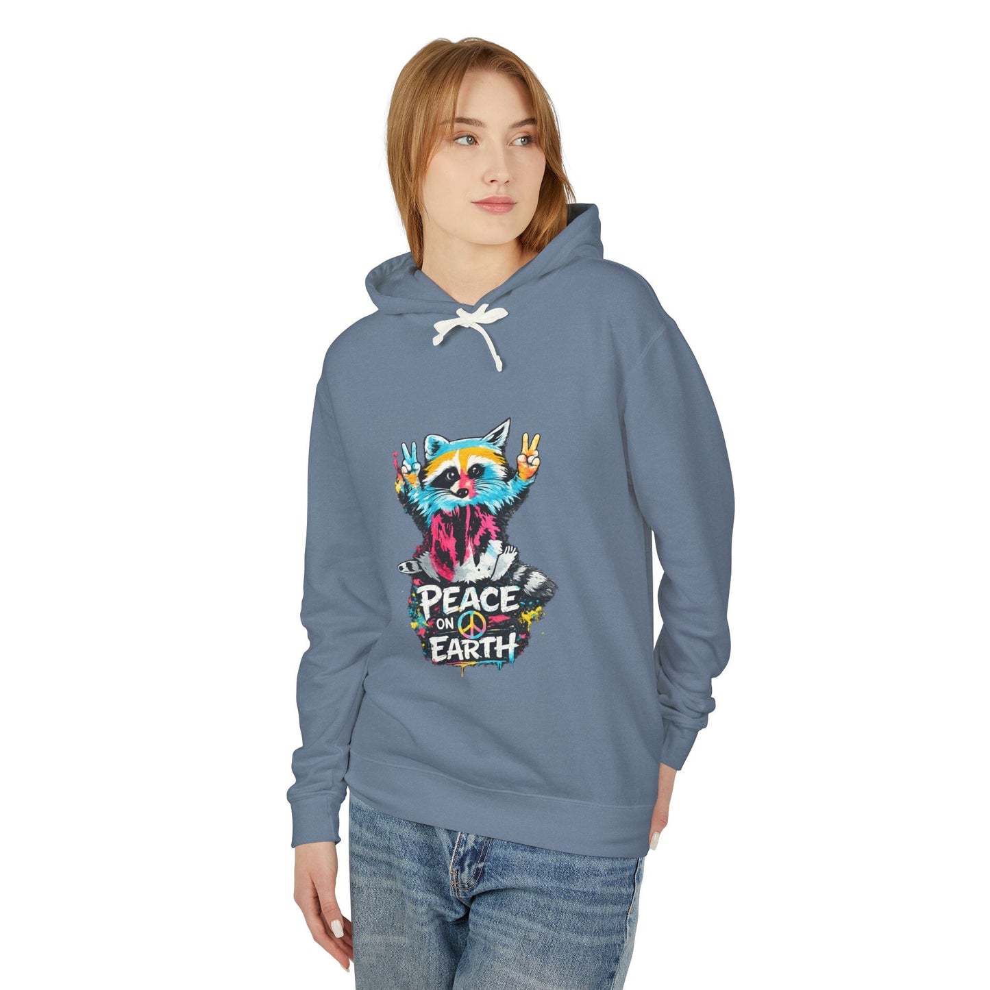Women’s Peace on Earth Raccoon Hoodie – Colorful Graphic Lightweight Pullover - JennyCool
