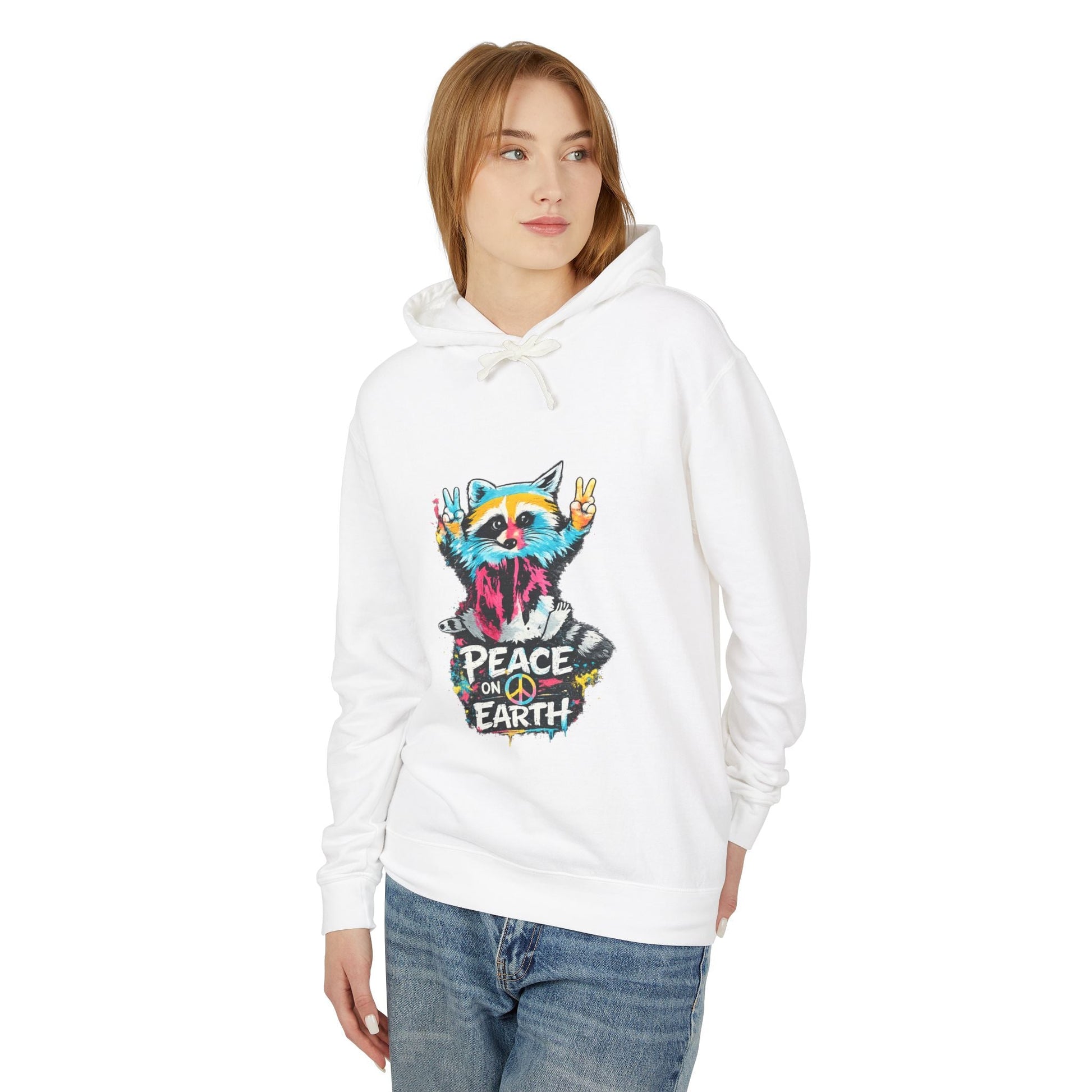 Women’s Peace on Earth Raccoon Hoodie – Colorful Graphic Lightweight Pullover - JennyCool