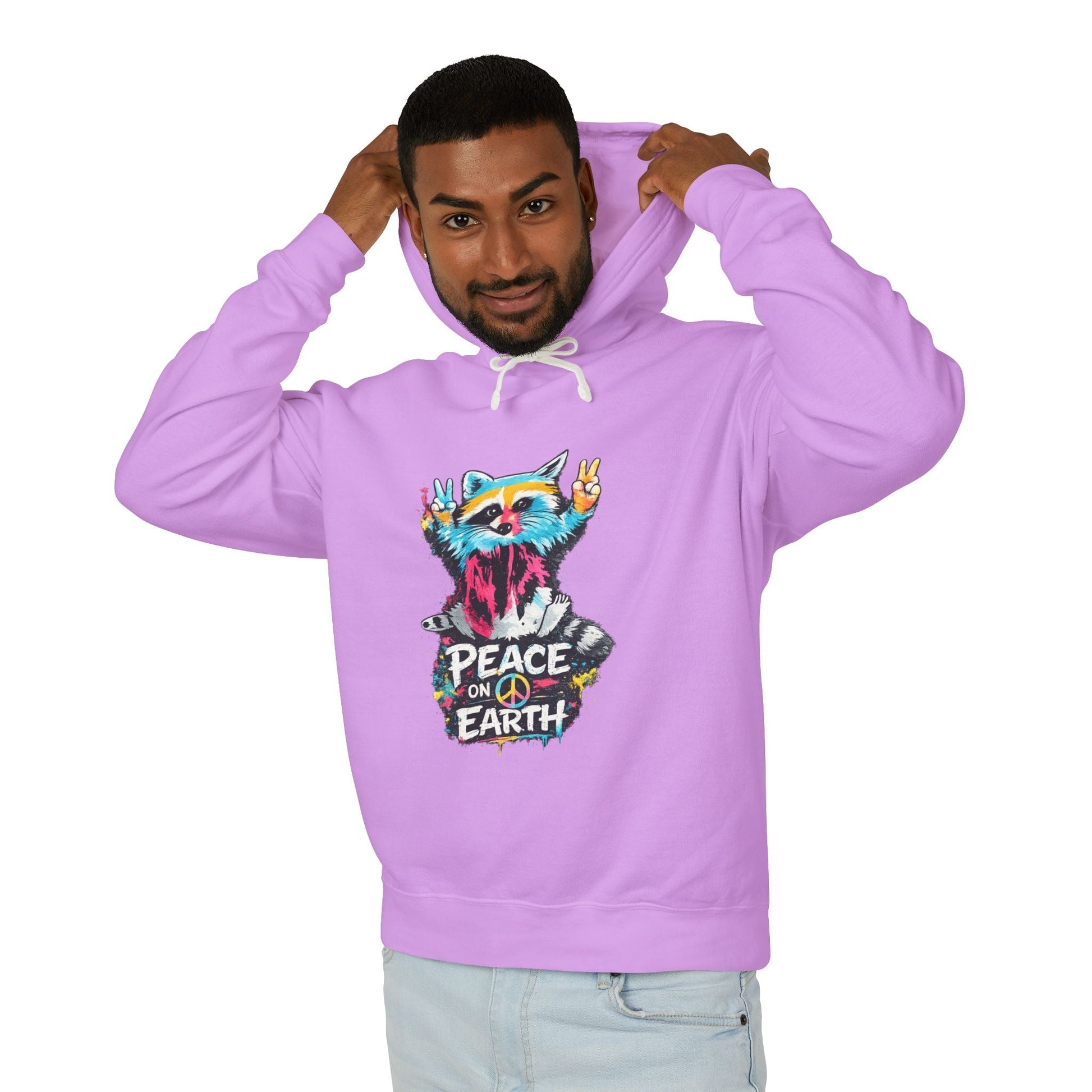 Women’s Peace on Earth Raccoon Hoodie – Colorful Graphic Lightweight Pullover - JennyCool