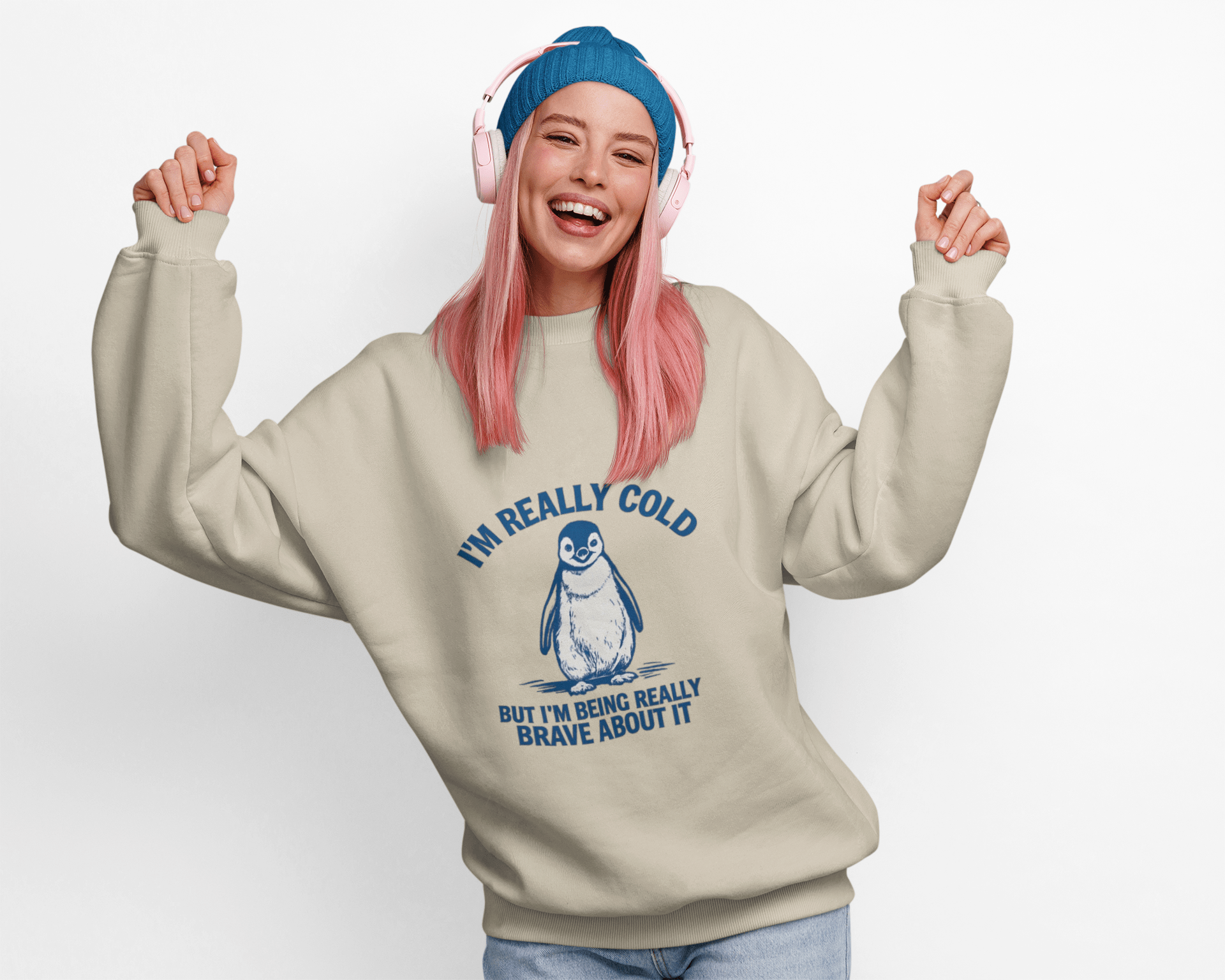 Women’s Penguin Graphic Sweatshirt – I’m Really Cold But I’m Being Brave About It – Cute Cozy Crewneck - JennyCool