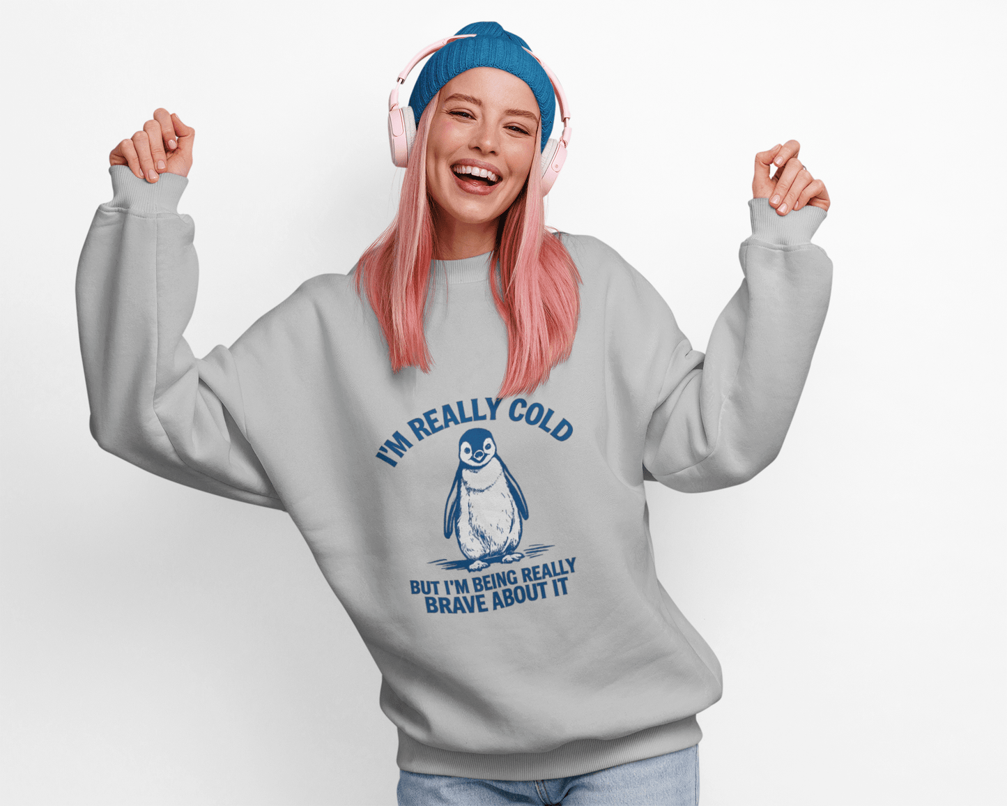 Women’s Penguin Graphic Sweatshirt – I’m Really Cold But I’m Being Brave About It – Cute Cozy Crewneck - JennyCool
