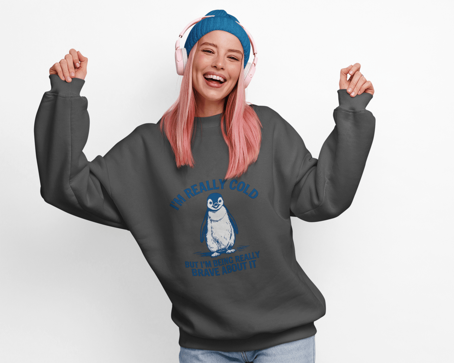 Women’s Penguin Graphic Sweatshirt – I’m Really Cold But I’m Being Brave About It – Cute Cozy Crewneck - JennyCool