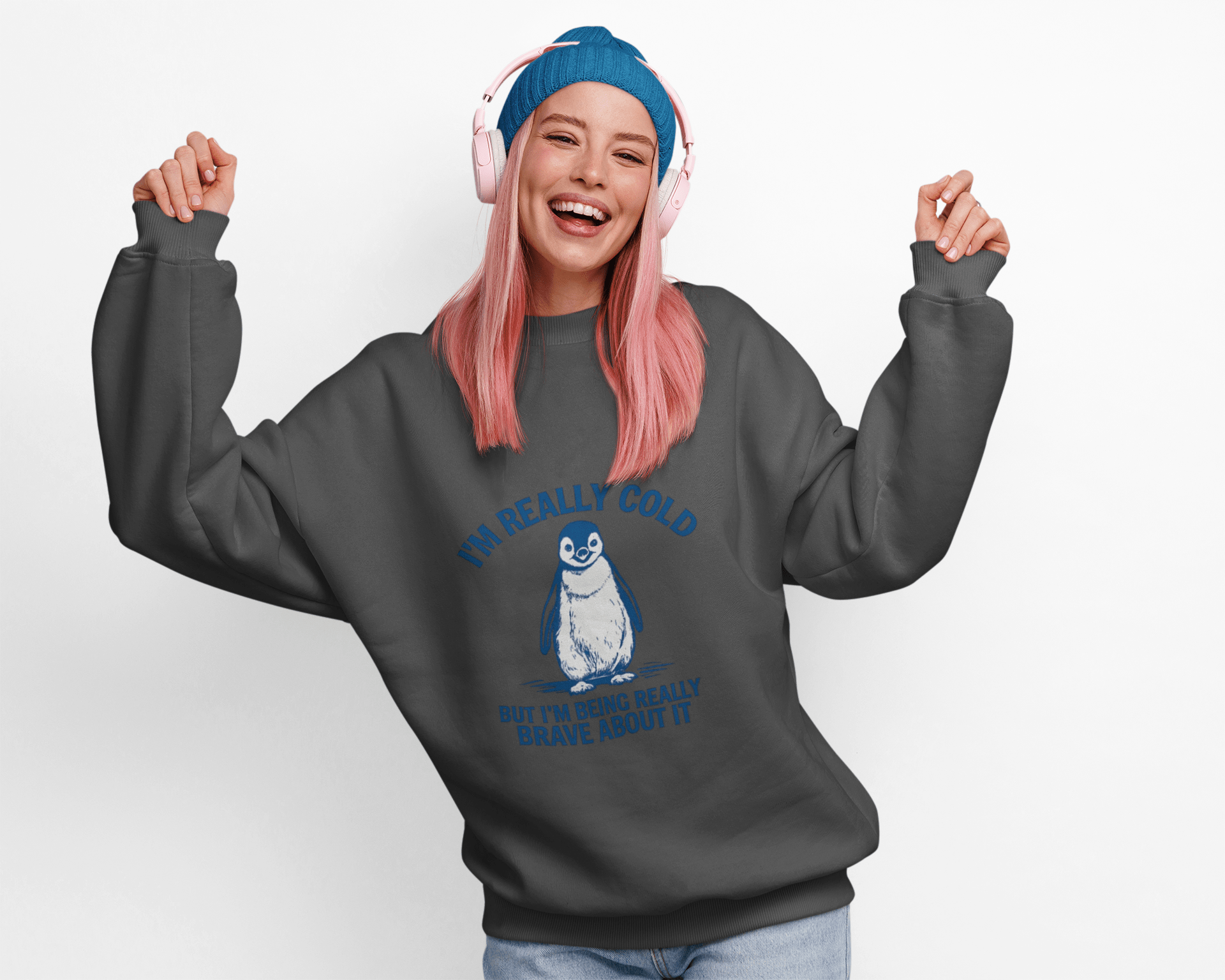 Women’s Penguin Graphic Sweatshirt – I’m Really Cold But I’m Being Brave About It – Cute Cozy Crewneck - JennyCool