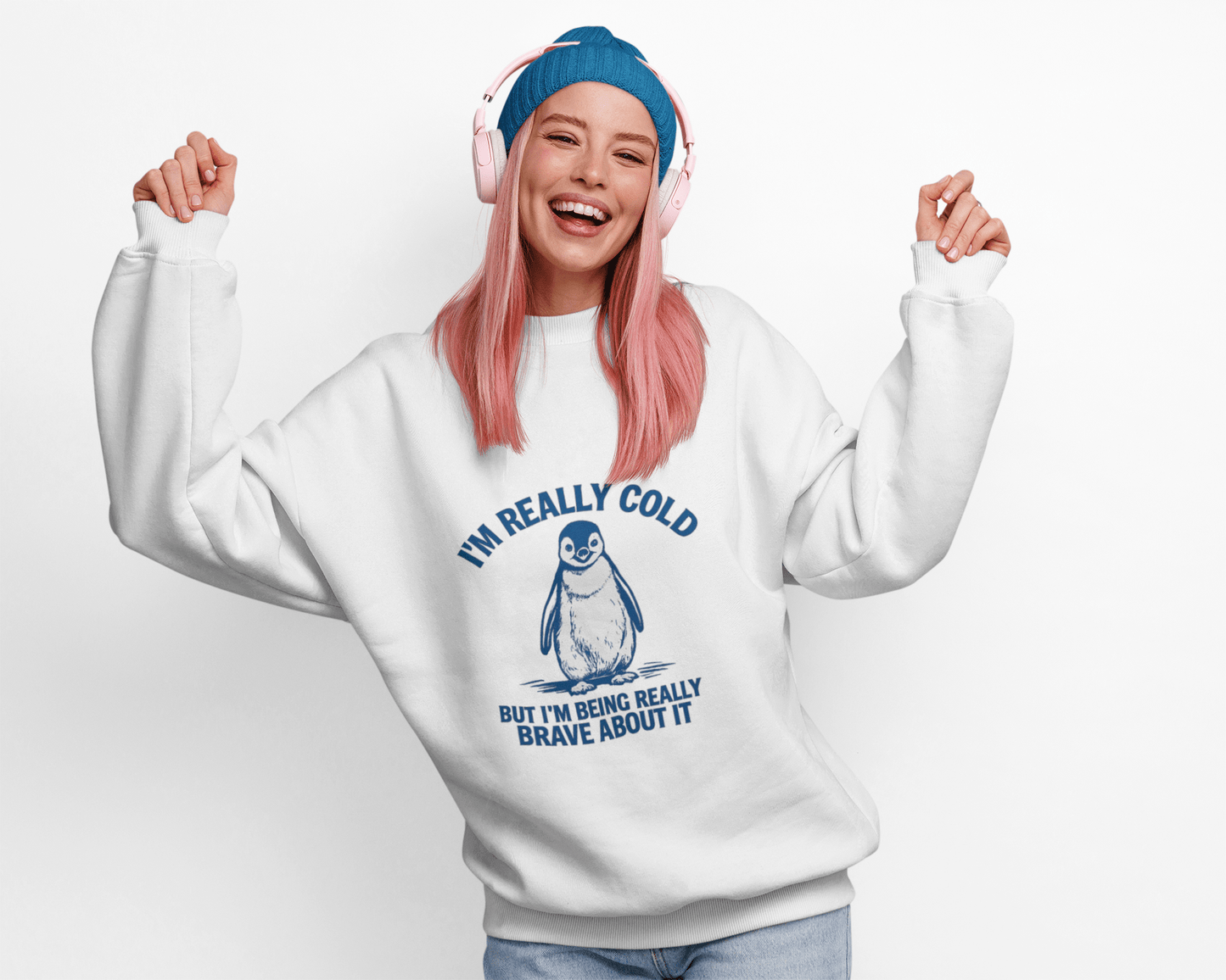 Women’s Penguin Graphic Sweatshirt – I’m Really Cold But I’m Being Brave About It – Cute Cozy Crewneck - JennyCool