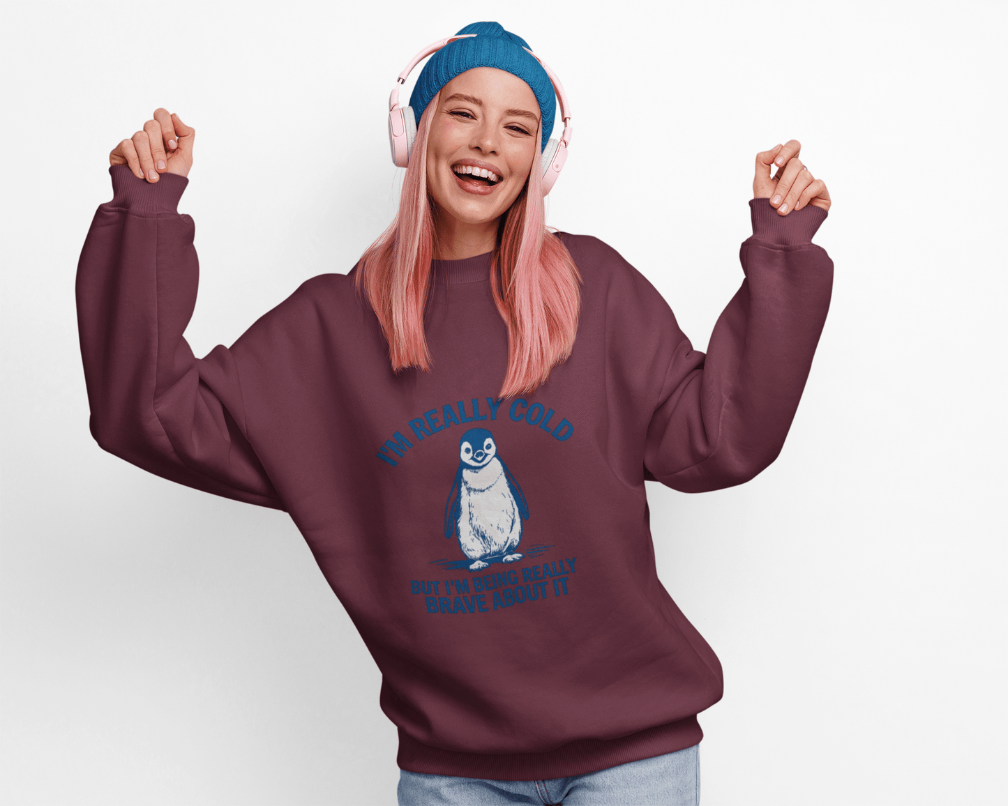 Women’s Penguin Graphic Sweatshirt – I’m Really Cold But I’m Being Brave About It – Cute Cozy Crewneck - JennyCool
